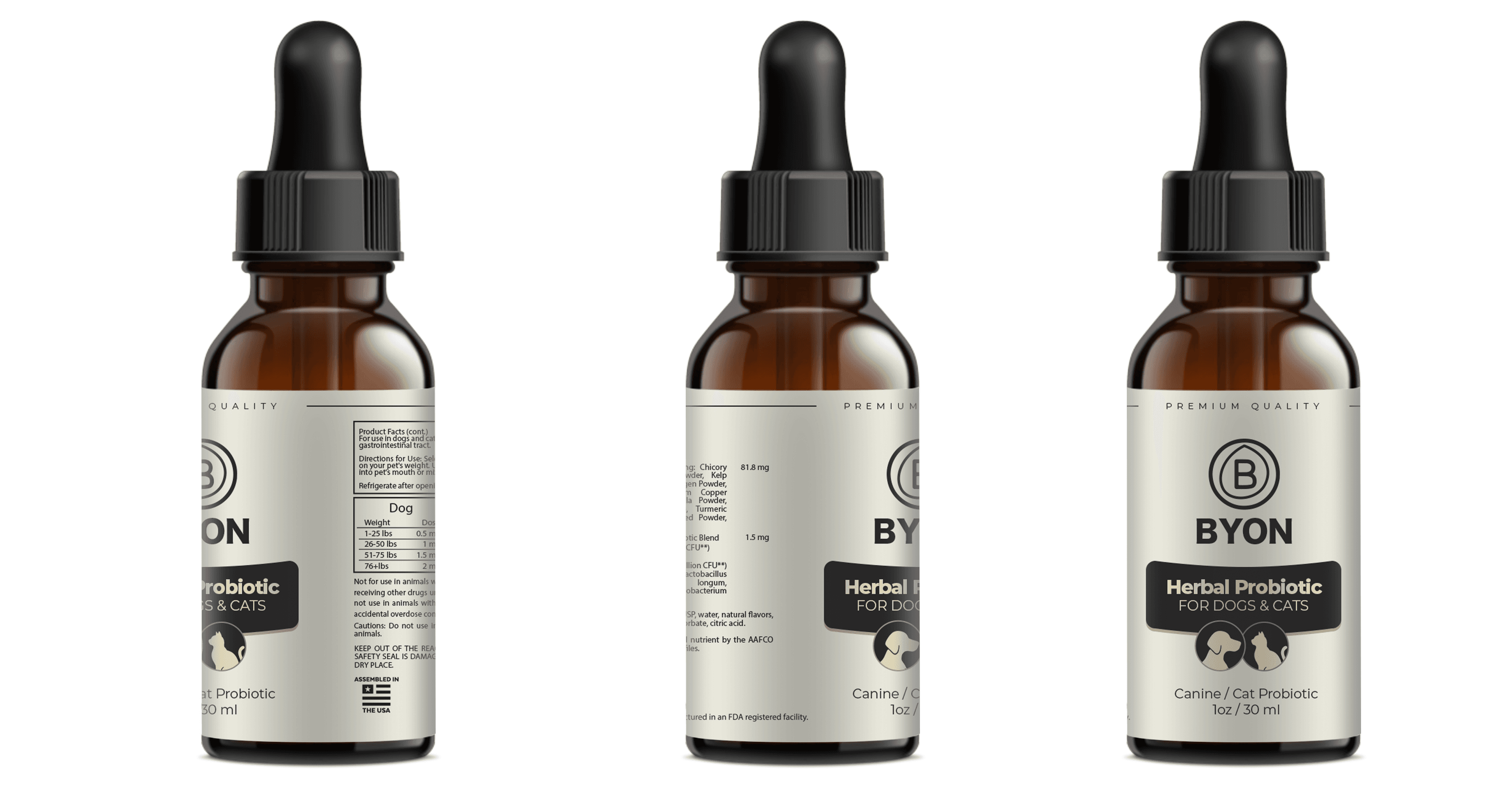 Front, formula, and directions panels of the BYON Pet bottle