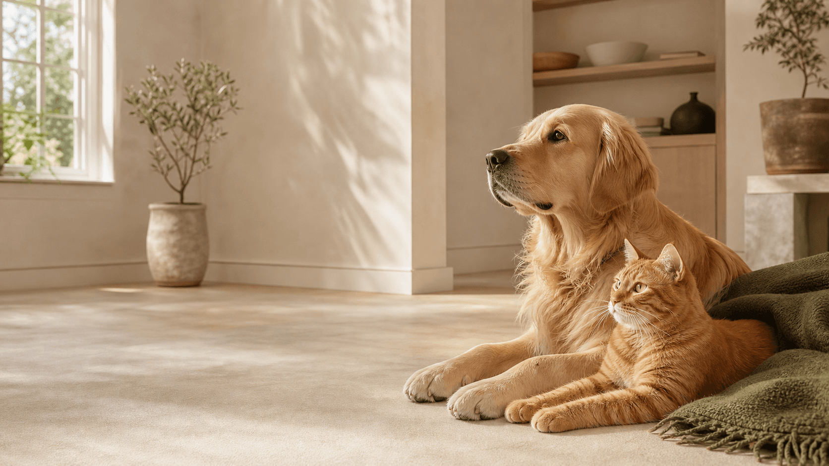 A golden retriever and orange tabby relaxing together in a sunlit home