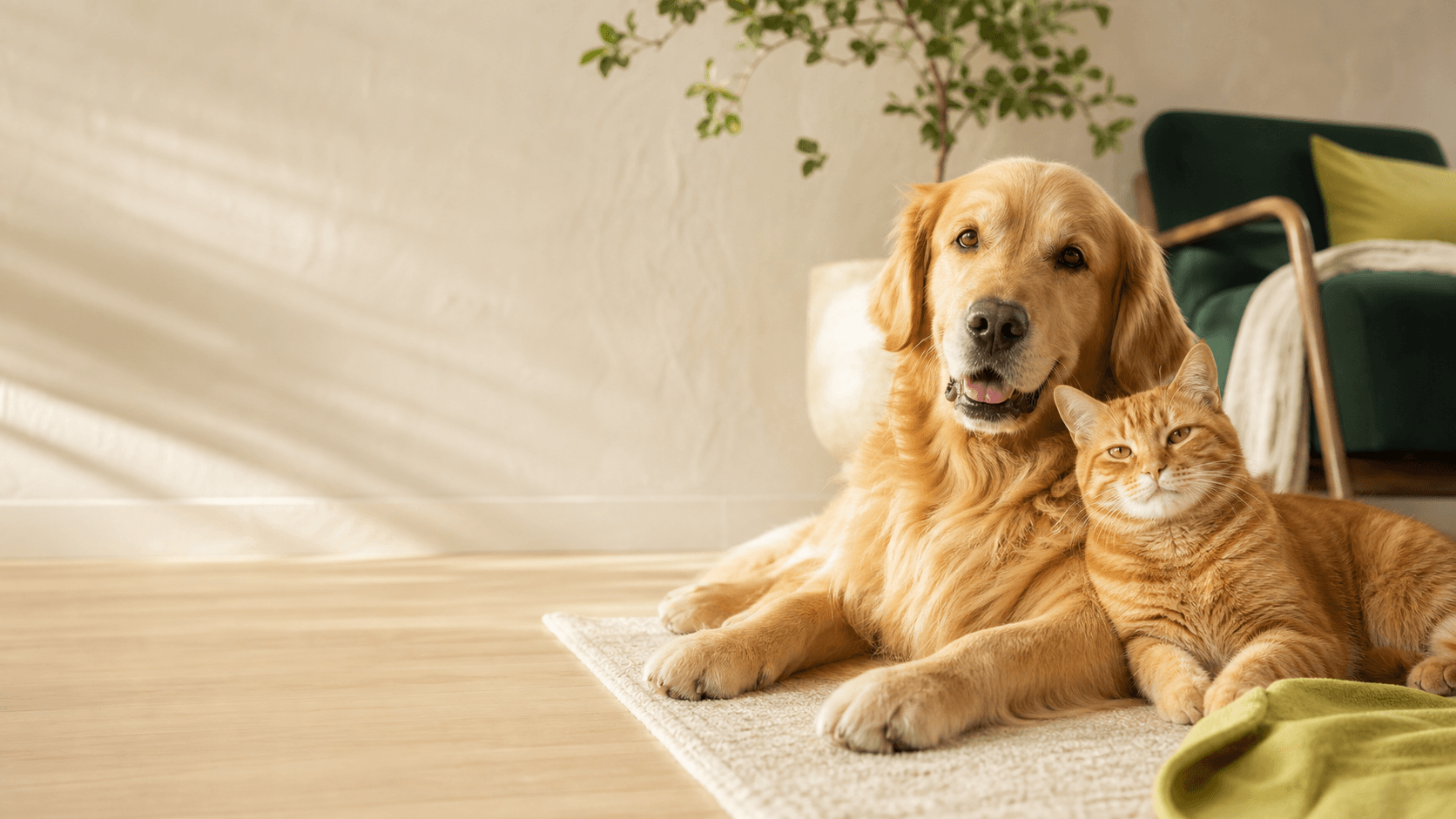 Dog and cat resting together in a bright home