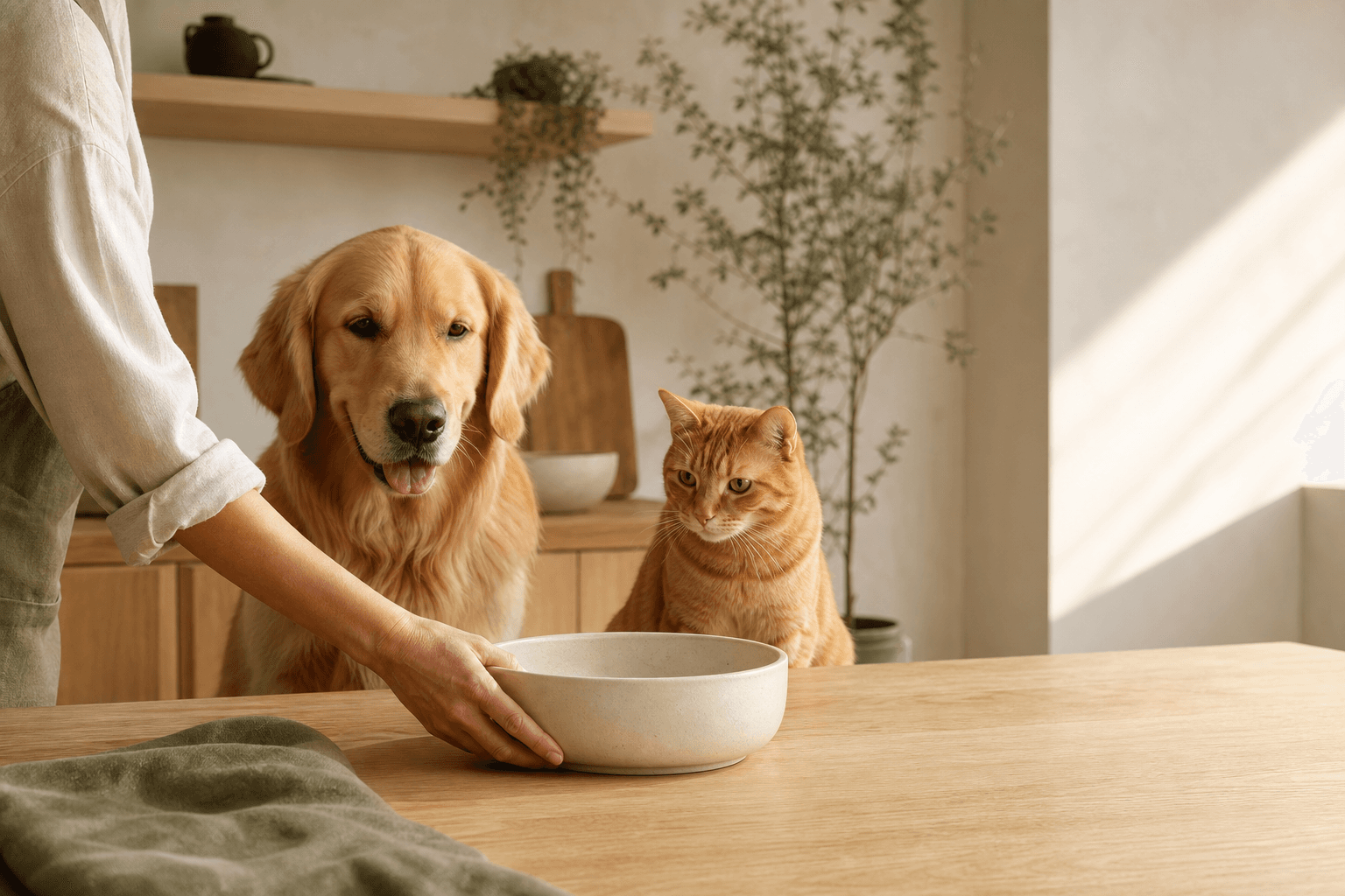 A dog and cat waiting beside their daily feeding routine